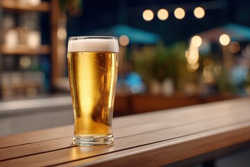 A glass of cold beer with foam on a wooden table, against the backdrop of a blurred evening bar.