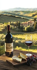 A beautiful arrangement featuring a bottle of red wine, a glass, cheese, and grapes with a stunning vineyard backdrop, evoking the essence of Italian culture and the joy of fine dining.