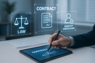 Digital Contract Signing with Futuristic Legal Interface and Identity Verification in Modern Office