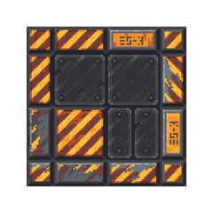 Pixel art sci-fi set floor tiles in a grungy industrial style with black panels, caution stripes, fans, and orange markings, retro video games, space environments, digital design projects