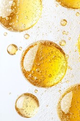 An alluring close-up image of golden bubbles rising in clear liquid, capturing the refreshing essence of fizzy drinks and evoking feelings of celebration and indulgence in every sip.