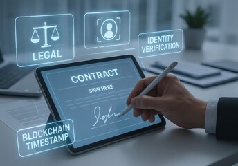 Digital Contract Signing with Stylus on Tablet in Office with Augmented Reality Overlays of Legal Terms, Identity Verification, and Blockchain Timestamp