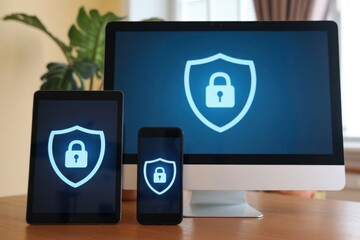 Computer, tablet and phone displaying a security shield with a lock icon, suggesting secure data across multiple devices.