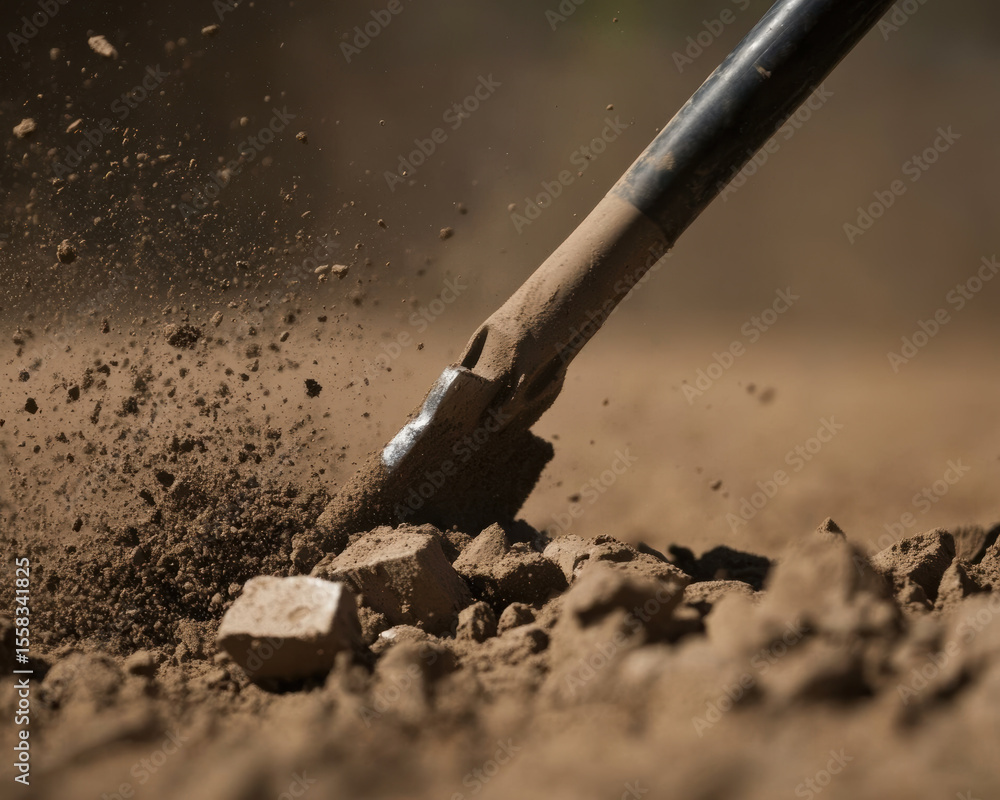 Poster close up view of digging tool breaking through soil, creating dust and debris. dynamic action captur