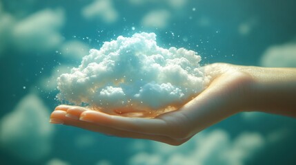 Hand holding fluffy cloud against bright blue sky with soft white clouds in the background