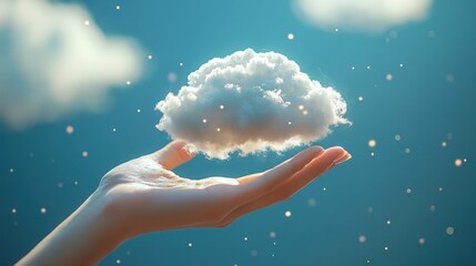 A delicate female hand gracefully supports a fluffy white cloud, contrasting beautifully with the vibrant blue sky and additional soft clouds nearby.