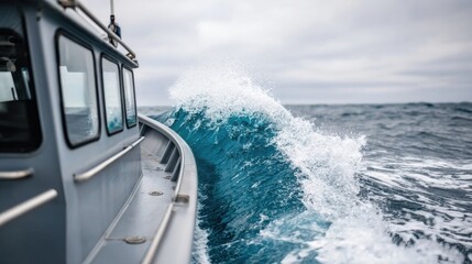 A boat sails on a rough sea, a large wave crashes against its side, creating splashing water.