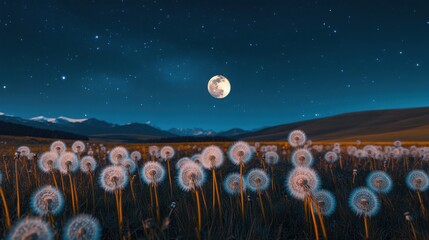 Multi-coloured Tien Shan dandelions bloom in a vibrant field while a new moon and stars illuminate the night sky, creating a breathtaking view at dusk.
