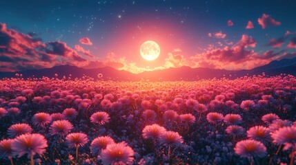Stunning display of multi-coloured Tien Shan dandelions under a starry night sky with a crescent moon