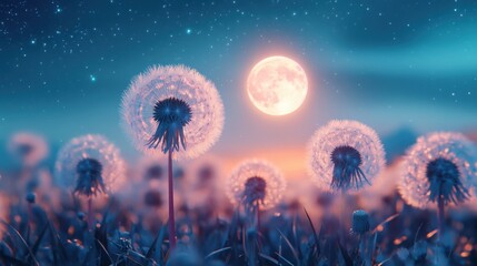 Multi-coloured Tien Shan dandelions bloom in a vibrant field while a new moon and stars illuminate the night sky, creating a breathtaking view at dusk.