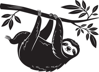 Black silhouette of sloth hanging from tree branch with relaxed curved body, vector icon for lazy animal, jungle, tropical, slow, cute, peaceful, calm, nature, and wildlife concepts