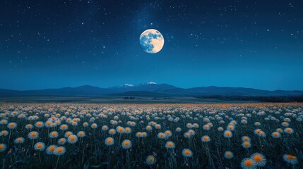 Multi-coloured Tien Shan dandelions bloom in a vibrant field while a new moon and stars illuminate the night sky, creating a breathtaking view at dusk.