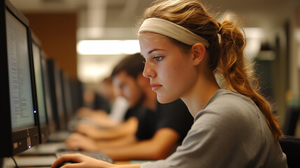 Student focused on computer work in a busy classroom setting during afternoon study session