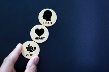 miniature people with the words head, heart and gut. How to make conscious decisions. Decision...