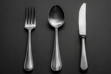 Realistic arrangement of a spoon, fork, and knife on a dark textured surface, showcasing elegant cutlery design suitable for dining settings or culinary presentations
