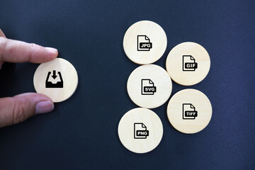 wooden with save file icon or download file format JPEG, ZIP, HTM, RAR, PDF And DOC file. files are...