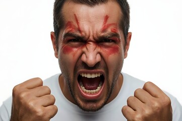 Angry fan yelling, face paint, studio, white background, sports