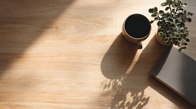 Top down view of minimalist clean wooden desk surface bathed in soft morning sunlight in cozy home interior. Warm natural tones, tranquil workspace concept, peaceful and modern Scandinavian design.

