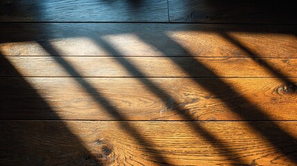 Top down view of minimalist clean wooden desk surface bathed in soft morning sunlight in cozy home interior. Warm natural tones, tranquil workspace concept, peaceful and modern Scandinavian design.

