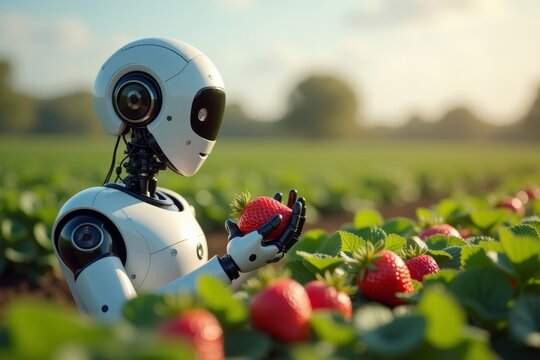 Robot AI assistant aiding in the collection of ripe strawberries on an innovative digital farm.