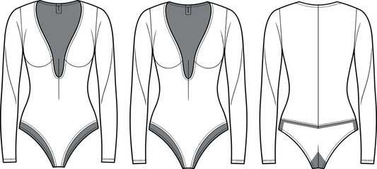 Long sleeve bodysuit fashion flat, front and back view, deep V-neck lingerie design, vector template for apparel design

 flat vector illustration