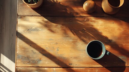 Top down view of minimalist clean wooden desk surface bathed in soft morning sunlight in cozy home interior. Warm natural tones, tranquil workspace concept, peaceful and modern Scandinavian design.


