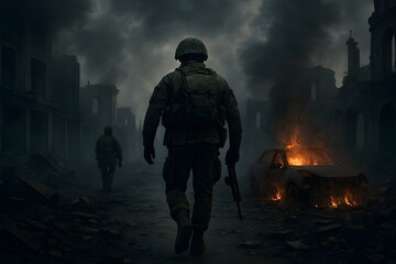 Naklejka premium soldiers walking in ruined city after war