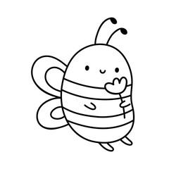 Cute bee with a flower isolated on a white background. Vector hand-drawn illustration in doodle style. Perfect for decorations, logo, various designs. Kawaii character.