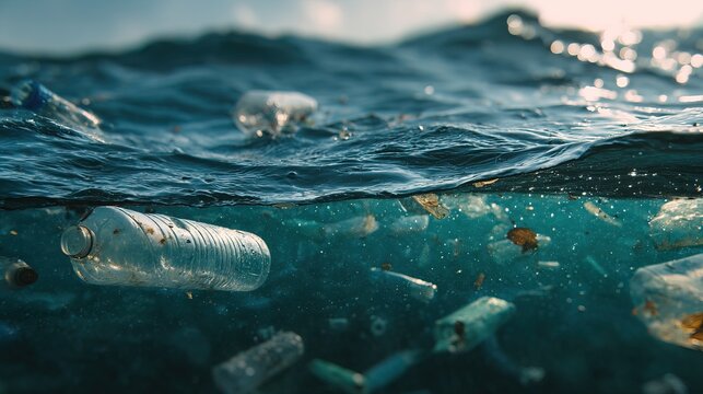 Conceptual image of plastic waste floating in clear blue ocean water with negative space, symbolizing global crisis of plastic contamination. Ideal for sustainability initiatives and visual campaigns