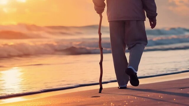 Elderly person walking sandy beach sunset holding wooden walking stick with calm ocean waves and warm light peaceful calm atmosphere by ocean shore