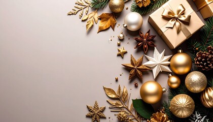 Fototapeta premium Festive christmas decoration display with gold accents cozy indoor setting holiday decor aesthetic viewpoint celebration concept