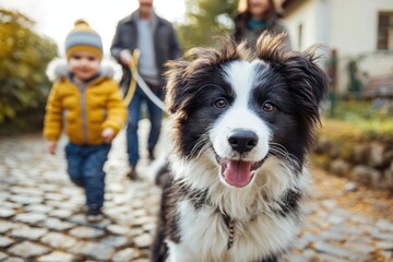 Cheerful toddler interacts with joyful Border Collie dog on a sunny afternoon in a picturesque neighborhood