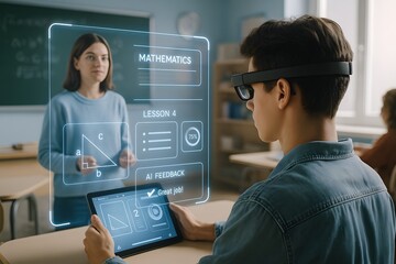 Augmented Reality Smart Classroom with Student Using AR Glasses and Tablet Showing Virtual Math Lesson, AI Feedback, and Futuristic UI Interface