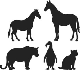 Collection of diverse animal silhouettes including horses a big cat and a penguin