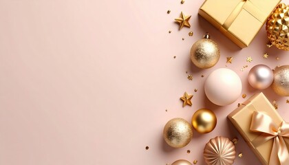 Fototapeta premium Festive gift arrangement with ornaments elegant pink background decorative elements holiday vibes top-down perspective celebratory concept