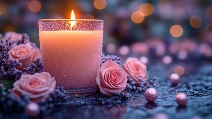 Candlelight ambiance with dried roses and beads creating a serene, enchanting atmosphere