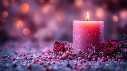 Candlelight ambiance with dried roses and beads creating a serene, enchanting atmosphere