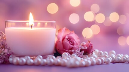 A pink candle flickers softly in a glass, surrounded by round beads and delicate dried roses on a blurred purple backdrop filled with sparkling dots.