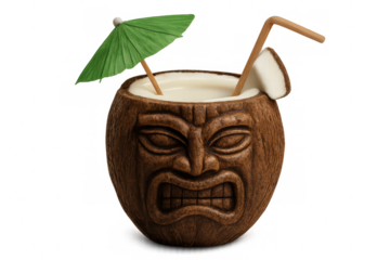 Tropical coconut cocktail nestled in carved shell, garnished with paper umbrella, transporting drinkers to island paradise