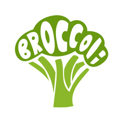 Minimal vector illustration of broccoli with artistic lettering inside. Simple vegetable shape, clean white background. Healthy eating concept with hand-drawn typography and organic design.