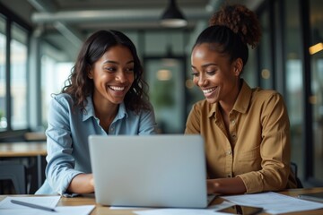 African American male and female financial analysts collaborating on investment strategies and market trends using a laptop in a sleek office setting.