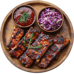 Indulge in Succulent Barbecue Ribs Served with Tangy Sauce and Refreshing Cabbage Salad - A Perfect Culinary Experience for Food Lovers