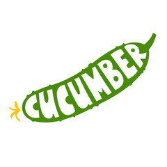 Vector illustration of a cucumber with handdrawn lettering inside its shape. Simple green vegetable silhouette on a white background. creative concept combining food and typography for healthy design