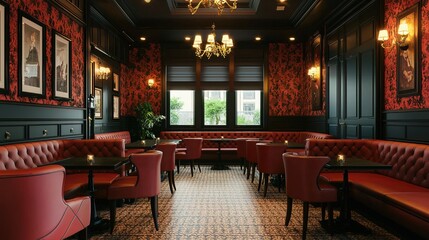 A cozy, vintage-style restaurant interior with red leather seating, patterned floors, ornate lighting, and framed artwork on the walls.