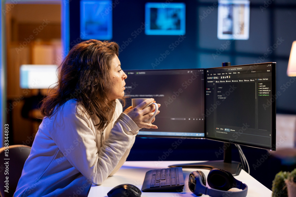 Aufkleber programmer drinking cup of coffee in the morning, securing company servers from virus attacks. it re