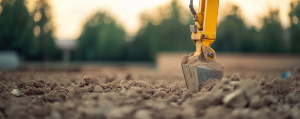 Excavator digging into soil at construction site, showcasing machinery powerful shovel and rich, brown earth. scene captures essence of industrial work and progress