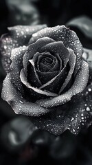 A striking image of a black rose adorned with raindrops, creating a dramatic contrast against a dark background, evoking feelings of mystery and elegance in an artistic expression.