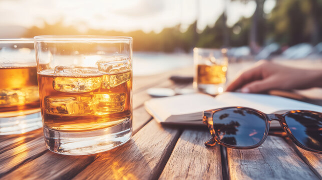 Enjoying a refreshing evening drink by the poolside at sunset with friends