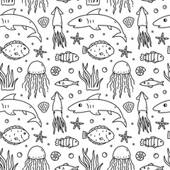 Cute seamless pattern with sea creatures - jellyfish, squid, fish, starfish, shells and algae. Vector hand-drawn doodle illustration. Perfect for print, wallpaper, decorations.
