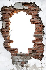 An interesting view of a weathered wall featuring a large hole surrounded by exposed broken bricks, symbolizing decay and the passage of time, evoking curiosity about what lies beyond.